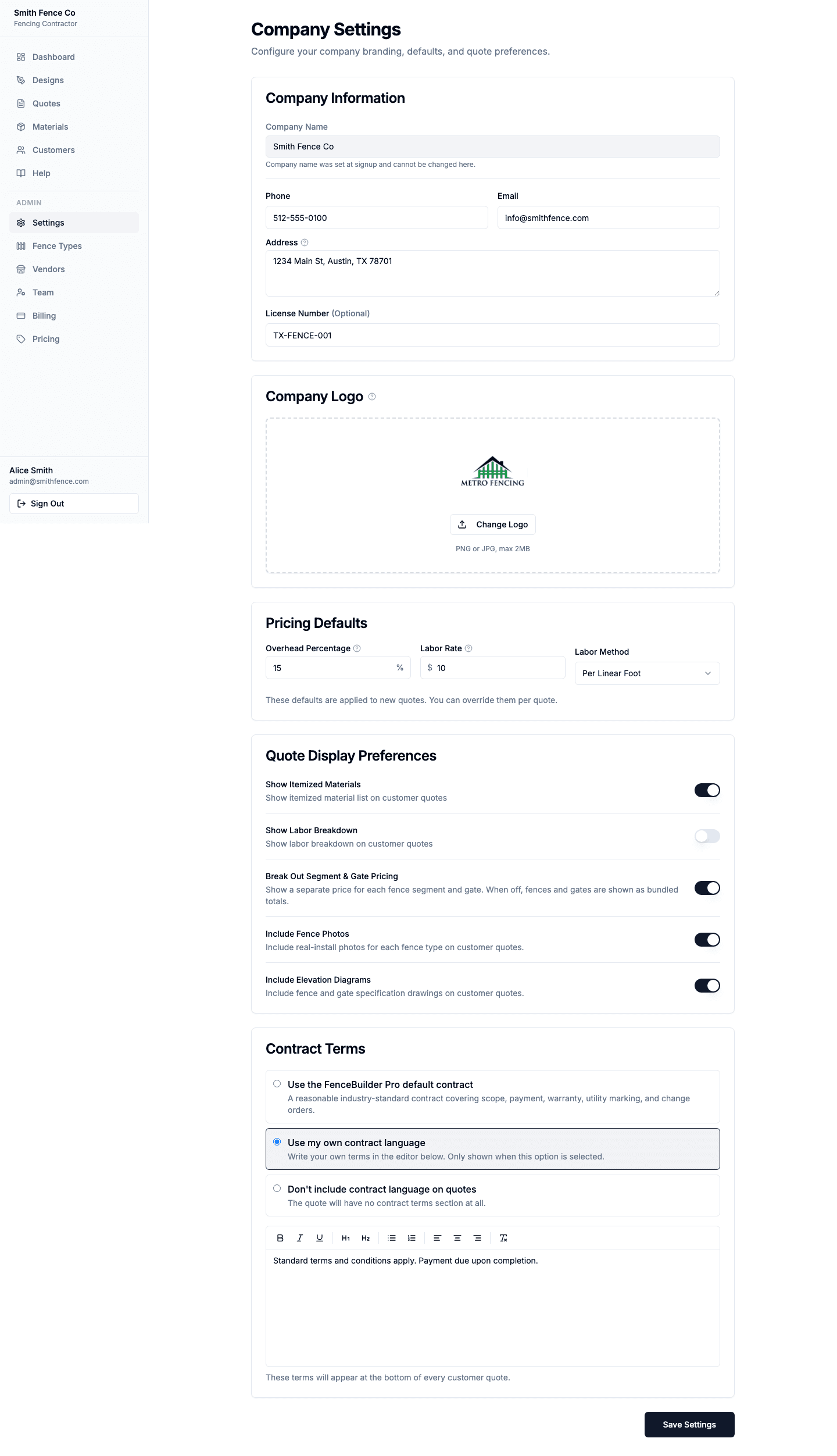 Company Settings page with company information, logo upload, pricing defaults, quote display preferences, and contract terms editor