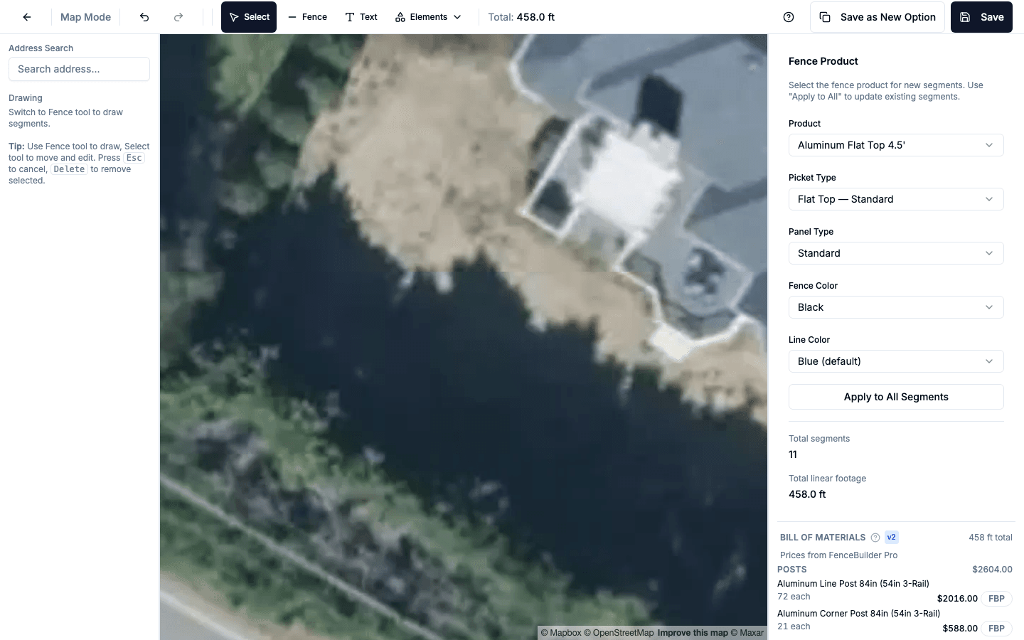 Designer in map mode: a residential lot shown in satellite imagery with a fence outlined around the property, showing 458 ft total in the BOM panel