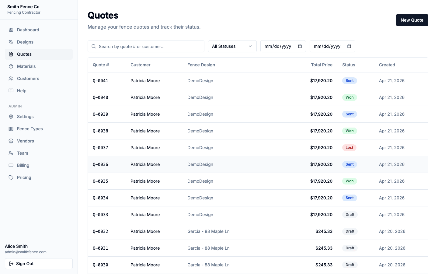 Quotes pipeline list with Draft, Sent, Won, and Lost statuses across multiple jobs
